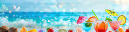A collection of colorful cocktails garnished with fruits and umbrellas are displayed on a beach with the ocean in the background.の素材