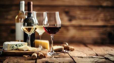 Three glasses of wine, including red and white, with cheese and wine bottles on a wooden table in a warm, inviting setting.の素材