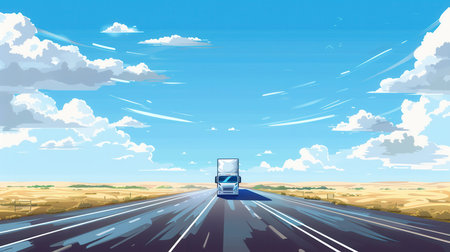 A semi-truck drives on a highway with a clear blue sky and white clouds.の素材
