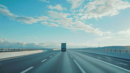 A semi-truck drives down a highway with an open horizon and clear blue sky.の素材
