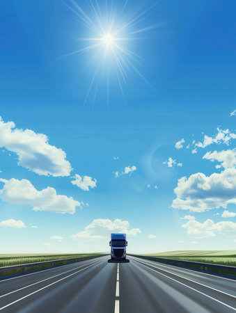 A white semi-truck drives on a highway under a bright blue sky with puffy white clouds and a shining sun.の素材