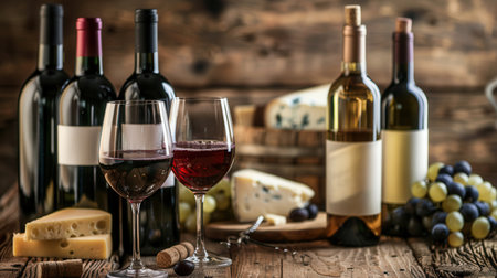 Wine bottles, wine glasses filled with red wine, and assorted cheeses on a rustic wooden table.の素材