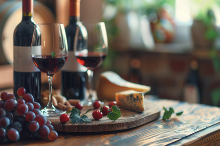 Two wine glasses filled with red wine, bottles of wine, cheese, and grapes sit on a wooden table in a cozy setting.の素材