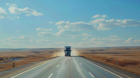 A semi-truck drives down a straight highway with a wide open horizon and a clear blue sky.の素材