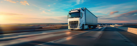 A white semi-truck drives on a highway, with a bright blue sky and a golden sunset in the background.の素材