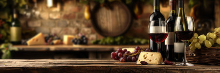 A rustic wooden table holds a glass of red wine, a bottle of red wine, grapes, and a wedge of cheese. In the background, a wine cellar with barrels and stacked bottles can be seen.の素材