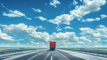 A red semi-truck drives on a highway under a clear blue sky with white clouds.の素材
