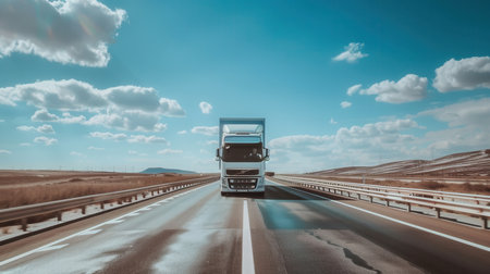 A white semi-truck drives on a highway under a bright blue sky, with white clouds overhead. The highway is empty, with a view of a dry, brown landscape in the distance.の素材