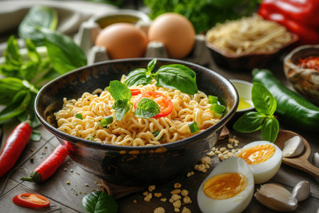 A bowl of instant noodles topped with fresh herbs, peppers, and sliced eggs sits on a rustic kitchen table, surrounded by additional ingredients.の素材