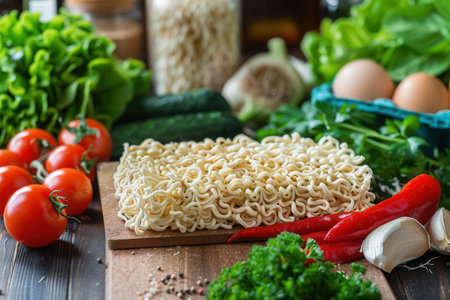 Uncooked instant noodles surrounded by fresh vegetables, herbs, peppers, eggs, and garlic on a kitchen table.の素材