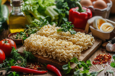 Dried instant noodles are arranged on a wooden cutting board, surrounded by fresh ingredients like tomatoes, chili peppers, garlic, eggs, and herbs.の素材