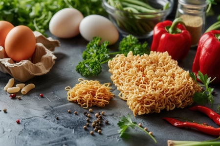 Instant noodles, eggs, peppers, herbs, and spices are arranged on a kitchen table.の素材
