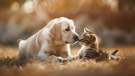 A golden retriever puppy and a tabby kitten relax in the grass. The puppy gazes at the kitten lovingly as the kitten nuzzles its noseの素材