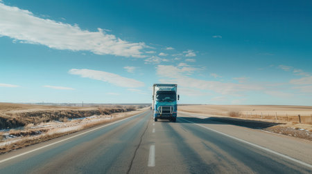 A semi-truck drives down a straight highway, with a blue sky and white clouds in the background.の素材