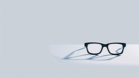 Black eyeglasses sit on a white surface, casting a shadow.の素材