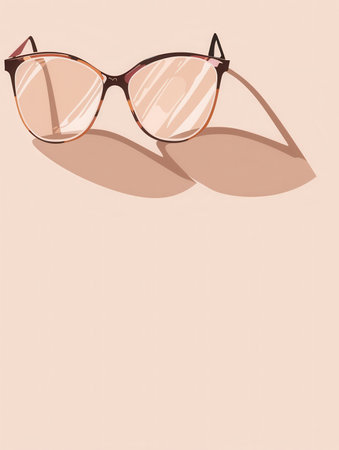 A pair of brown tortoise shell eyeglasses with clear lenses lies on a pale pink background, casting a shadow below.の素材