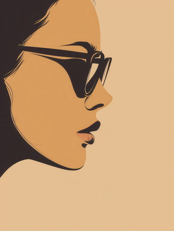 A stylized, black and white illustration of a woman's profile, featuring sunglasses and a subtle smile.の素材