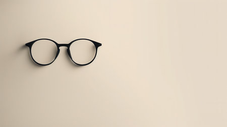 A pair of black round eyeglasses sits on a light beige surface.の素材