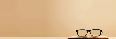 A pair of black eyeglasses sit on a closed book on a beige table.の素材