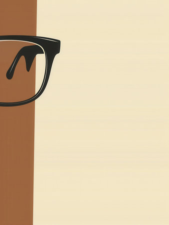 A close-up shot of black-rimmed glasses over a brown and beige background.の素材