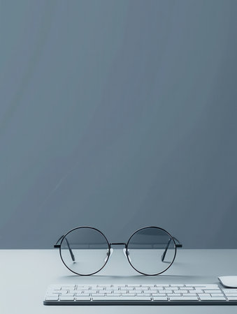 Round eyeglasses sit atop a white keyboard on a gray desk.の素材