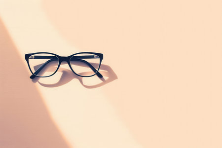 Black eyeglasses are laid flat on a light background with a beam of sunlight shining over the top.の素材