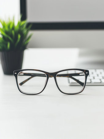 A pair of black eyeglasses with clear lenses rests on a white desk, a computer keyboard is visible behind the eyeglasses.の素材