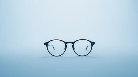 A pair of black round eyeglasses on a light blue background.の素材
