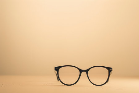Black eyeglasses with round lenses sit on a tan surface.の素材