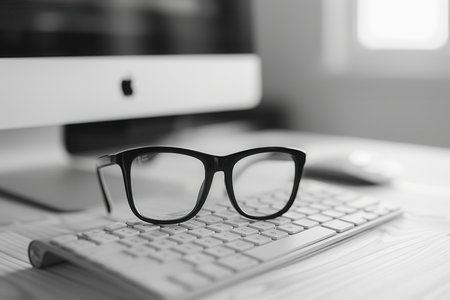 Black framed eyeglasses rest on a white computer keyboard, with a blurred desktop computer in the background, suggesting a workspace during the day.の素材