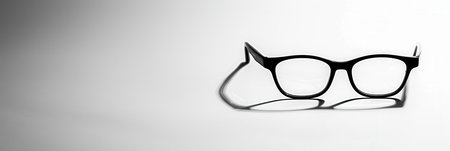 Black eyeglasses sit on a white surface and cast a shadow in this image.の素材