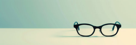 A pair of black eyeglasses rest on a white surface, set against a light blue background.の素材