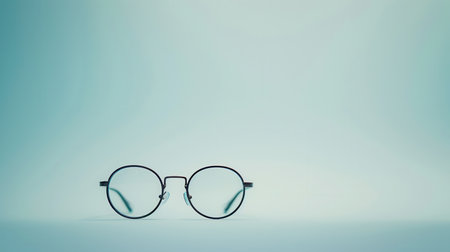 Round, black-framed eyeglasses sit on a light blue surface, with a soft, blurred background.の素材