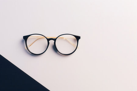 A pair of black, round-framed eyeglasses sits on a surface with a white and black background.の素材