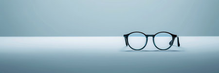 A pair of black eyeglasses with round frames sits on a white surface.の素材