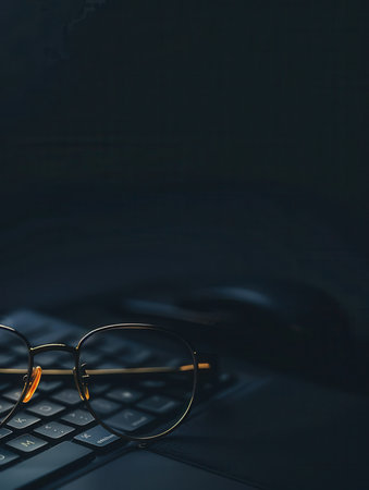 A pair of glasses rests on a laptop keyboard in a dimly lit room.の素材
