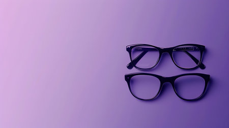 Two pairs of black eyeglasses rest on a purple surface.の素材