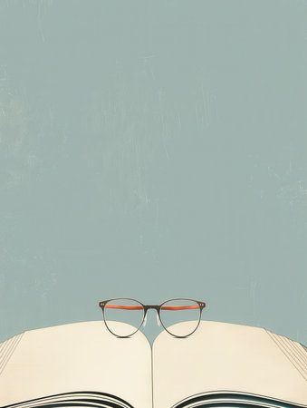 An open book with glasses resting on top of it, against a pale blue background.の素材