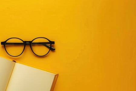 Black round glasses rest on top of an open book on a yellow background.の素材