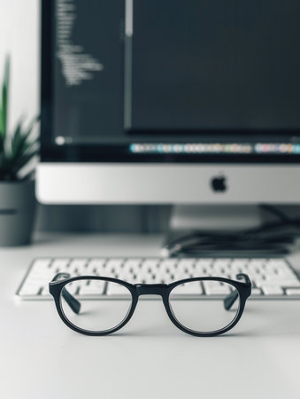 A pair of black eyeglasses sits on a white computer keyboard in front of a blurred computer screen.の素材