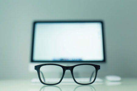 Black eyeglasses sit on a white desk in front of a blurred computer monitor.の素材