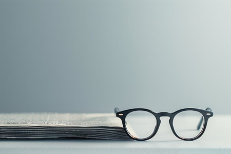 Black eyeglasses lie on a stack of folded newspaper.の素材