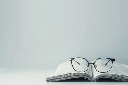 A book lies open on a white surface, with a pair of glasses resting on top.の素材