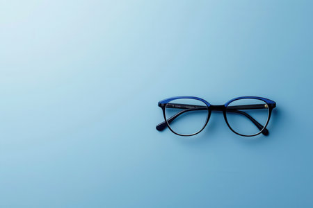 A pair of blue-framed eyeglasses lay on a light blue background.の素材