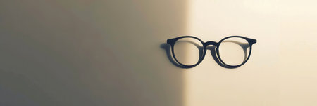 A pair of black eyeglasses lies on a white tabletop, with light casting a diagonal shadow behind them.の素材