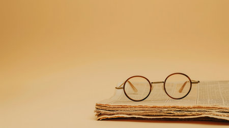 A pair of round eyeglasses rests on top of a stack of newspapers against a light brown background.の素材