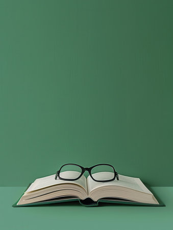 An open book lies on a green surface with a pair of eyeglasses resting on top of it.の素材