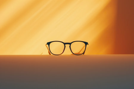 Eyeglasses with black frames resting on a white surface, with a yellow background.の素材
