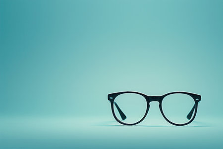 Black eyeglasses rest on a light blue surface.の素材