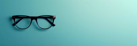 Black eyeglasses lay flat on a light blue background.の素材